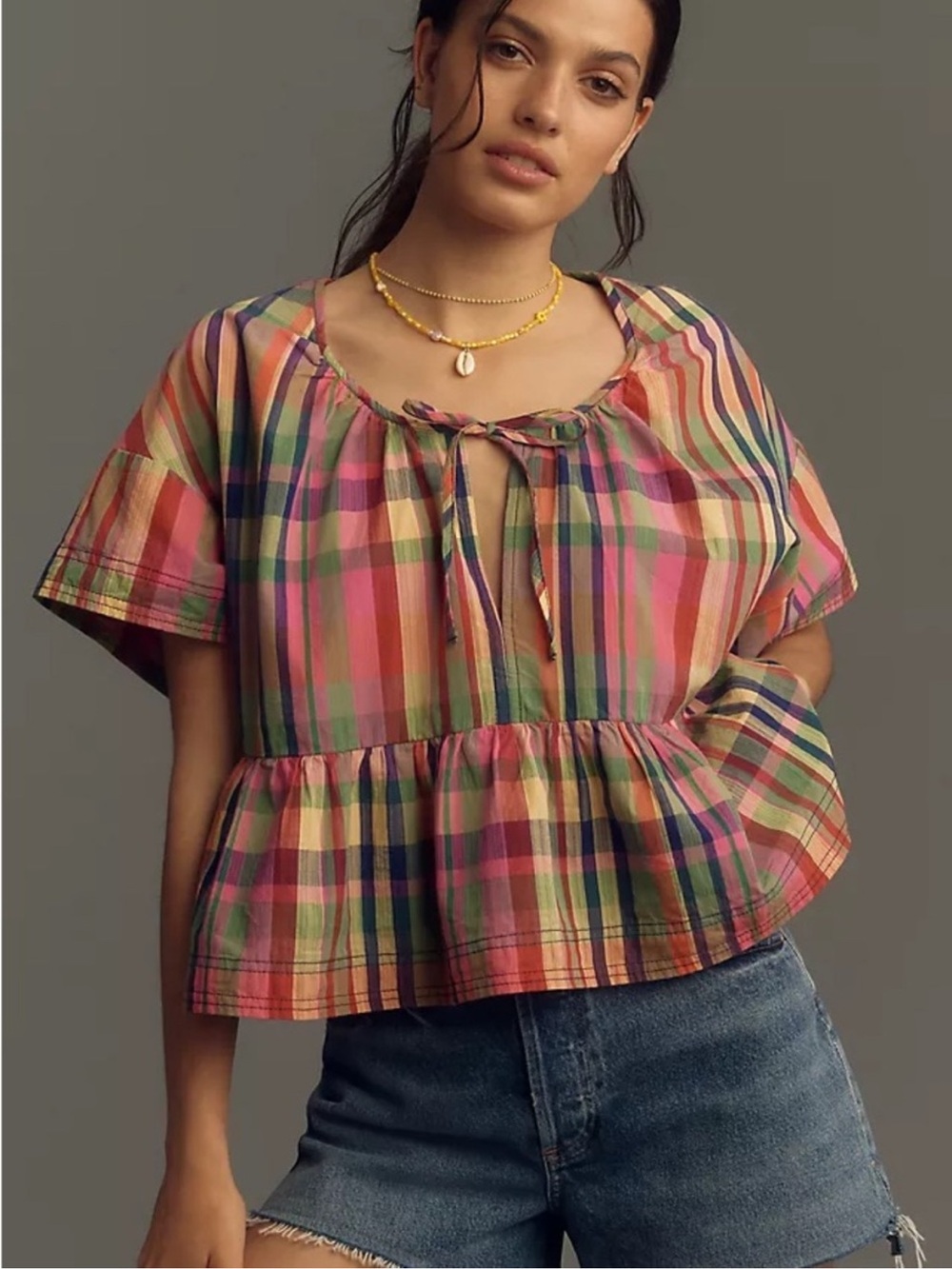 Anthropologie Pilcro Tavi Plaid Babydoll Tee Edition Blouse Sz S